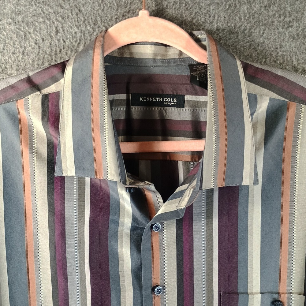 Kenneth Cole Button Down Dress Shirt Mens XXL Striped Pocket‎ Silk Blend 2XL - Picture 2 of 8